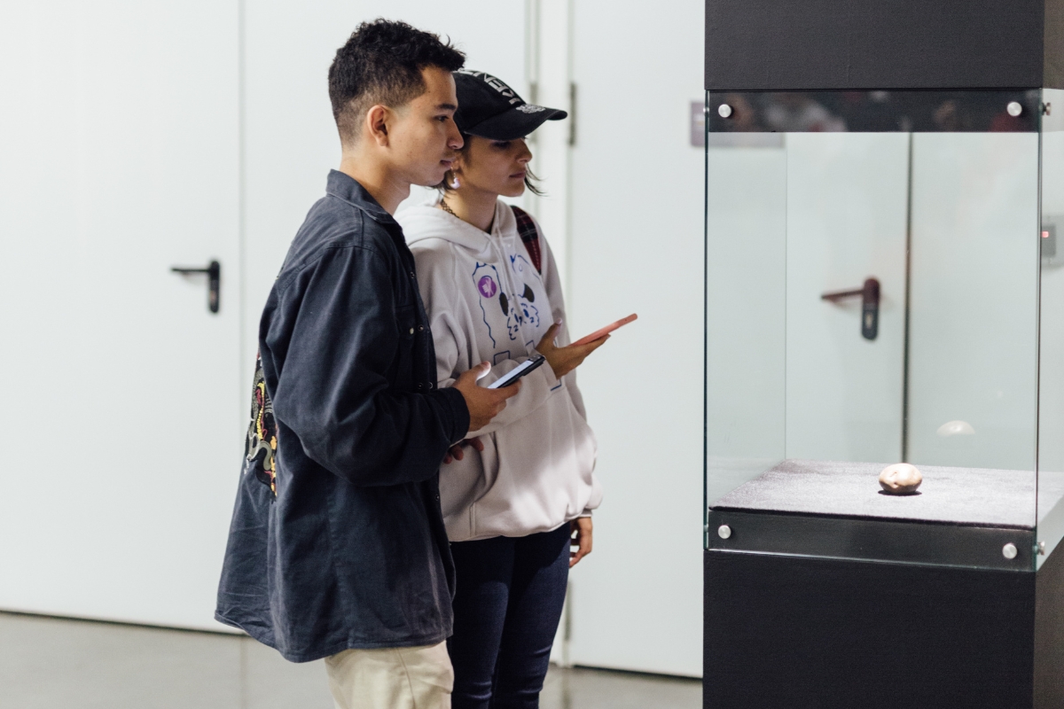 Fotografía de visitantes en la exposición Ernesto Restrepo. 1992. 30 años del Proyecto Cosecha de papas