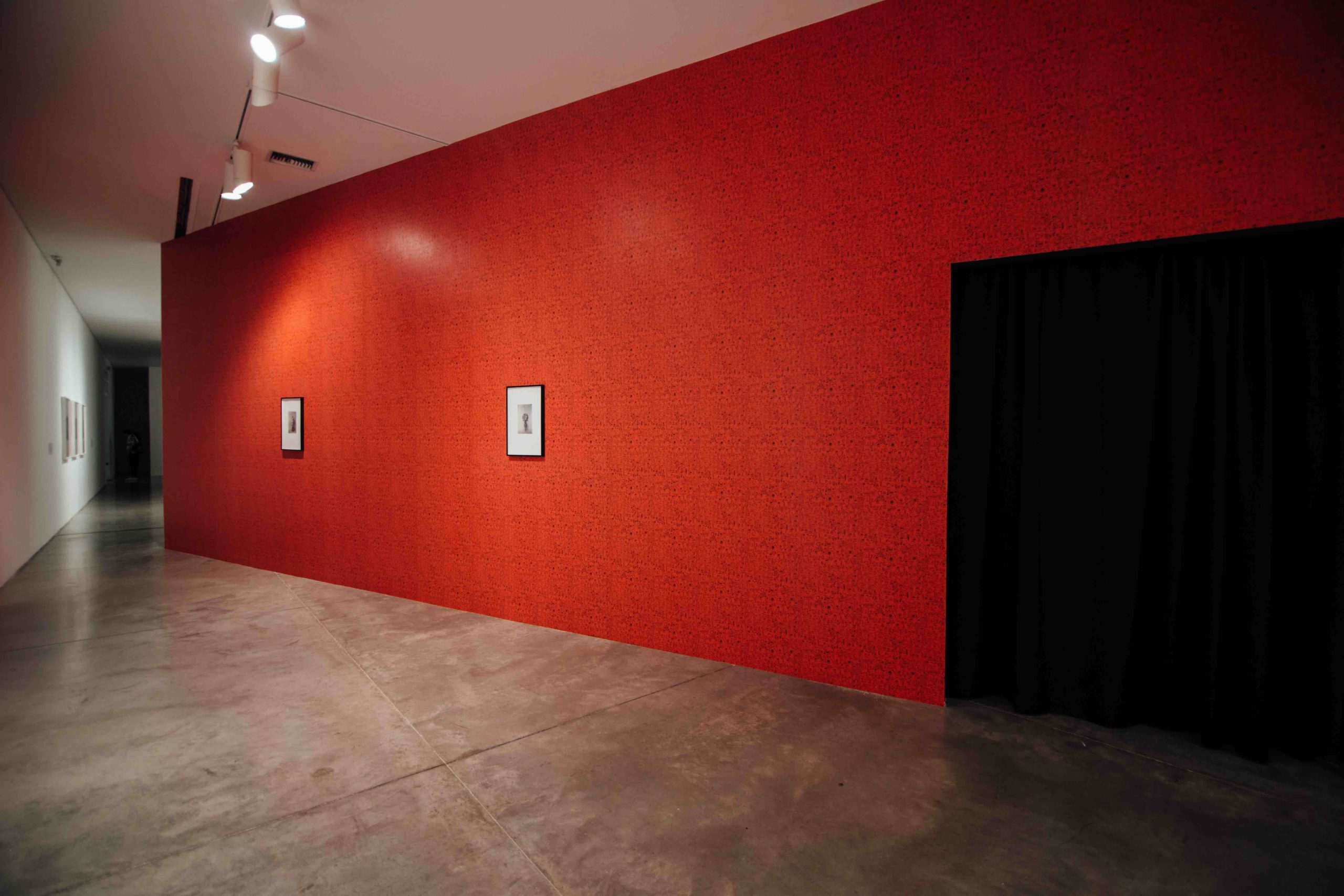 Obras de la exposición en pared roja