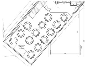 Plano de ideas de organización del salón de eventos en modo cena