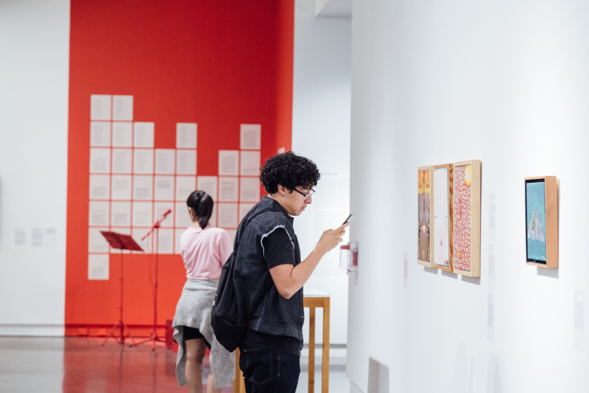 Fotografía de visitante en la exposición Versión libre. Sucesos en la Colección MAMM