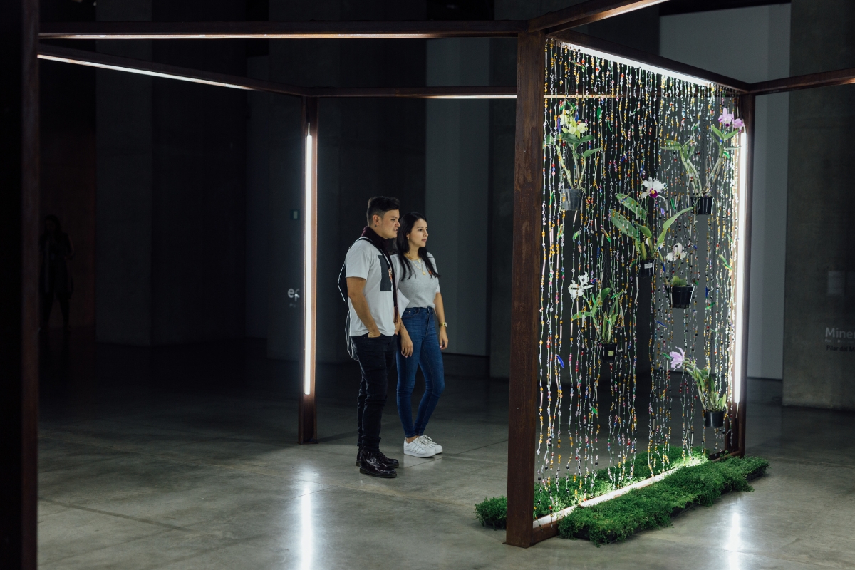 Fotografía de visitantes en la exposición Naufus Ramírez-Figueroa . Cantándole a las plantas