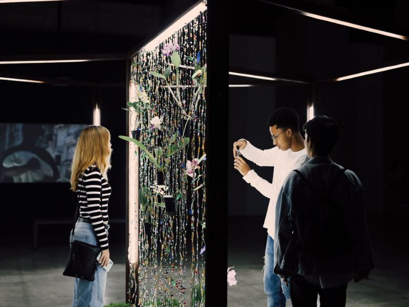 Personas observando y fotografiando una obra de arte