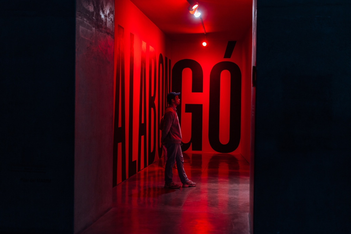 Fotografía de visitante en la exposición Kalabongó