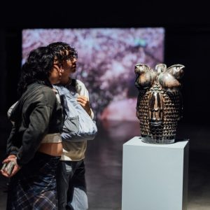 Fotografía de visitantes en la exposición Nos habitan pájaros y montañas