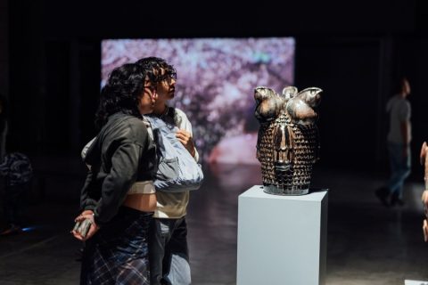 Fotografía de visitantes en la exposición Nos habitan pájaros y montañas