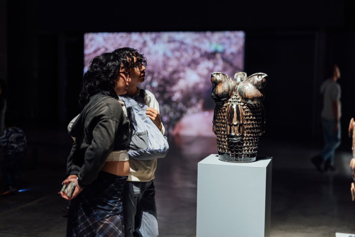 Fotografía de visitantes en la exposición Nos habitan pájaros y montañas